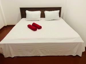 two red pillows are sitting on a bed at Wishwa Villa in Weligama