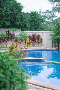 a swimming pool in a yard with trees at Sampai Villa Vasana in Yogyakarta