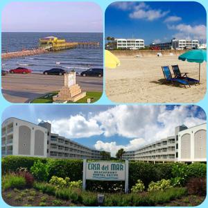four pictures of a beach with a hotel and the ocean at Casa Del Mar Beach View in Galveston