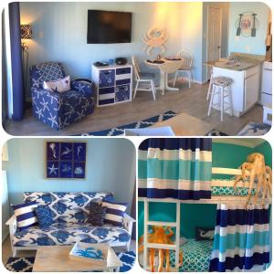 two pictures of a bedroom and a living room at Casa Del Mar Beach View in Galveston