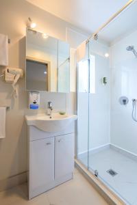 a bathroom with a sink and a shower at Greenlane Motel in Auckland