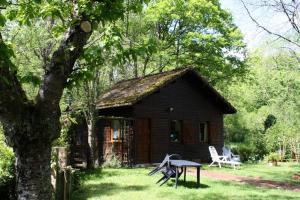 a log cabin with a table in front of it at Weir Cottage in Balledent