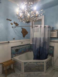 a bathroom with a bath tub with a chandelier at Hale Naalehu LLC Bed and Breakfast in Naalehu +52 photos
