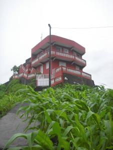 een rood gebouw bovenop een heuvel met groene planten bij Gira Lua in Igreja