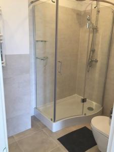 a shower with a glass door in a bathroom at Apartamenty Baltic in Karwia