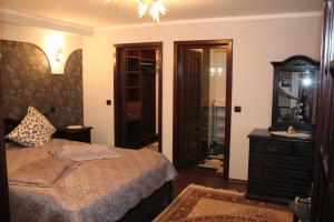 ein Schlafzimmer mit einem Bett, einem Waschbecken und einem Spiegel in der Unterkunft Pensiunea Casa Cristina in Câmpulung Moldovenesc + 19 Fotos