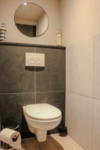 a bathroom with a toilet and a mirror at Sea You Soon in Callantsoog +23 photos