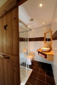 a bathroom with a glass shower and a sink at Auberge du Rochasson in Risoul