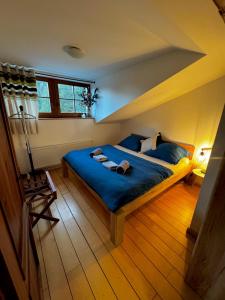 a bedroom with a bed with blue sheets and a window at Apartmán KSlife in Černý Dŭl