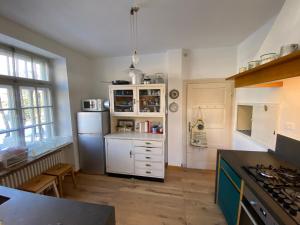 a kitchen with a refrigerator and a counter top at Ca' Il Guscio in Cortina dʼAmpezzo
