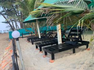 a row of benches sitting on the beach at Arabian Breeze in Tadri +34 photos