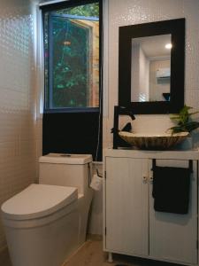 a bathroom with a toilet and a sink and a mirror at Three Palms - Beach Front Tiny House by SP Villa in Nathon Bay