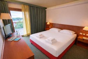 a hotel room with a bed and a desk with a television at Hotel Rialto in Grado