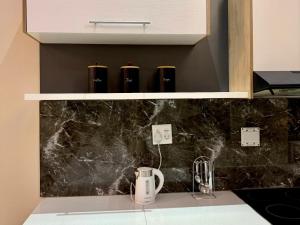 a kitchen with a counter top with a coffee maker at Deluxe Nest - Windhoek in Windhoek +34 photos