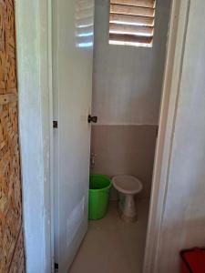 a bathroom with a toilet and a green bucket at Dapearl Cottage in Baclayon