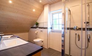 a bathroom with a sink and a shower at Ferienhaus Benedikt in Fichtelberg +20 photos
