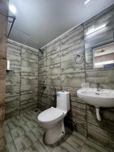 a bathroom with a toilet and a sink at Zenith apartement in Trivandrum +11 photos
