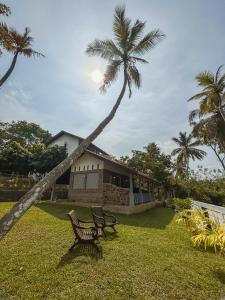 a palm tree leaning over a bench in front of a house at Cozy Nook Cottage in Tangalle