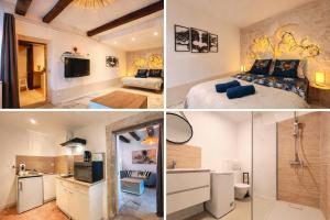 a hotel room with a bed and a bathroom at L'écrin - Chablis - Homerepublique- Plein centre - Élégant - Parking à proximité in Chablis