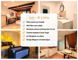 a collage of photos of a room with a sign at L'écrin - Chablis - Homerepublique- Plein centre - Élégant - Parking à proximité in Chablis