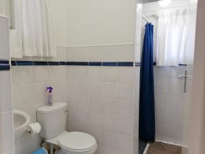 a bathroom with a toilet and a blue shower curtain at Boathouse Bed and Biscuit - Cabin in Margate