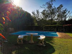 a table and two benches next to a swimming pool at Boathouse Bed and Biscuit - Cabin in Margate +13 photos