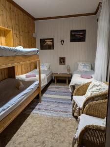 a room with three bunk beds and a table at Hotell Nederhögen Vildmarkscenter in Rätan +42 photos