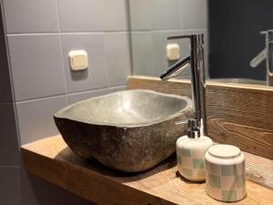 a bathroom sink with a large stone bowl at Schliersee-Lounge in Schliersee +7 photos