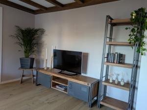 a living room with a television on a wooden table at Fuchsbau nähe Sorpesee, ebenerdig mit Kamin und Garten in Sundern