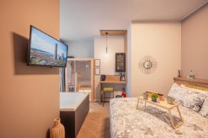 a living room with a bed and a flat screen tv at Boutique Casa Giulietta Luxury in Como