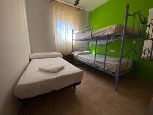 two bunk beds in a room with a green wall at Solmar II Solo Familias Serviplaya in Playa de Xeraco +129 photos