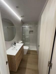 a bathroom with a sink and a toilet and a mirror at Casa Brillantes Completa in Ayerbe