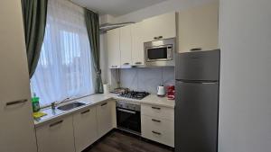 a small kitchen with a refrigerator and a sink at Rădăuți Residence in Rădăuţi +5 photos