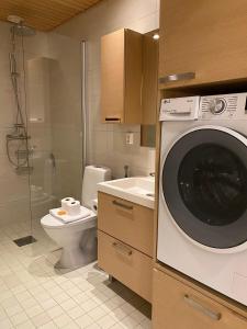 a bathroom with a washing machine and a toilet at Gella Munkkisaarenkatu 2 in Helsinki