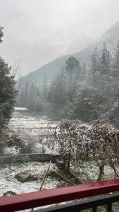 a view of a snow covered field with trees at Nomaden Kasol in Kasol