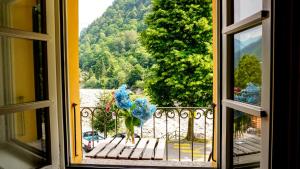 a window with a peacock standing on a balcony at MyVerzasca Boutique Hotel in Brione