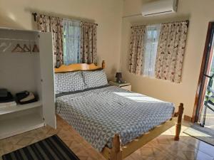 a bedroom with a bed and two windows at Sea View Guest House Apt in Kingstown