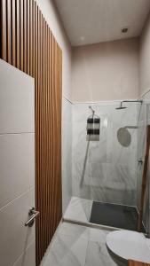 a bathroom with a shower and a toilet and a sink at Temple Suites Guesthouse in Portimão +45 photos
