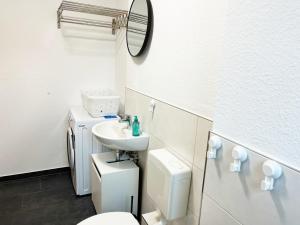 a bathroom with a toilet and a sink and a mirror at Monteurwohnung in Coswig in Coswig +2 photos
