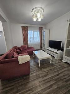 a living room with a couch and a tv at Rowlands Way 1 in Ţegheş