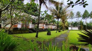 a garden with palm trees and a walkway at YSR Himalaya Resort in Mantaak
