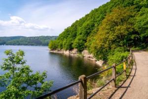 a view of a body of water with a fence at Gästewohnung Urfttalsperre in Schleiden