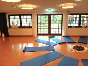 a yoga class with blue mats on a wooden floor at Haus im Herrengrund in Schollbrunn
