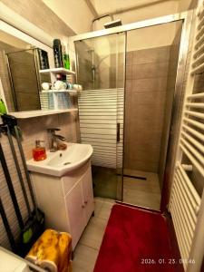 a bathroom with a shower and a sink and a toilet at Karancs Apartman Salgótarján in Salgótarján +95 photos