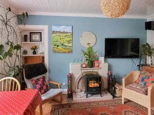 a living room with a fireplace and a tv at Garradh An Fhasaich in Glendale