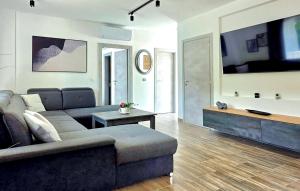a living room with a couch and a tv at Villa Lux with swimming pool in Baška