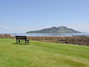 a bench sitting on the grass near the beach at Ivybank Cottage in Lamlash +6 photos