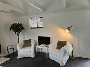 a living room with two chairs and a tv at Theehus in Steggerda