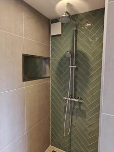 a shower in a bathroom with green tiles at Theehus in Steggerda +6 photos