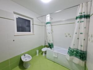a bathroom with a sink and a shower curtain at Rădăuți Residence 2 in Rădăuţi